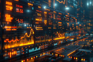 Obraz premium Big computer monitor with data analysis. Colourful background. Selective focus. Copy space