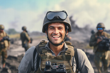 A cheerful male photojournalist wearing a helmet and goggles with military personnel in the background.Generative Al - obrazy, fototapety, plakaty