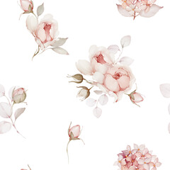 Seamless pattern with bouquets of flowers. Spring roses in watercolor style - 750569655