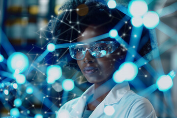 Young black woman in the lab Innovative concept of medical technology, global communication network