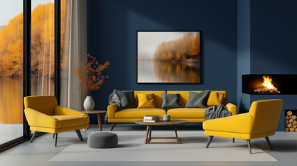 Sophisticated Autumn-Themed Living Room with Yellow Furnishings and a Calming Fireplace