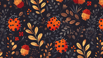 Ladybug seamless pattern seasonal spring time design - obrazy, fototapety, plakaty