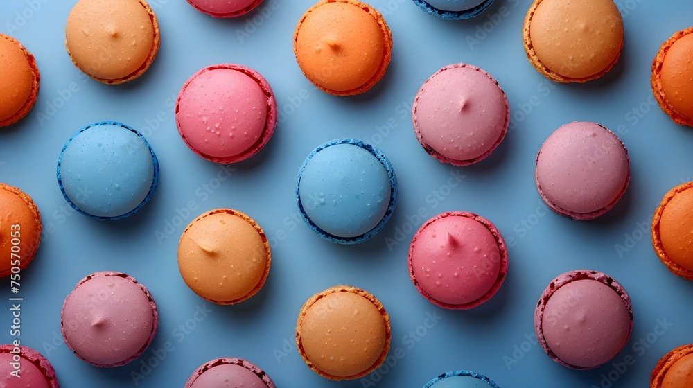 Poster professional photo of a macaroon on a blue background with centered composition and copy space. conc