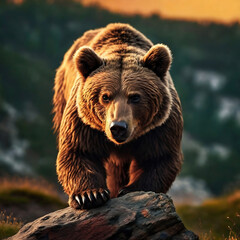 Obraz premium Portrait of Strong Male Brown Bear on stone in wild nature with mountains in golden hours 