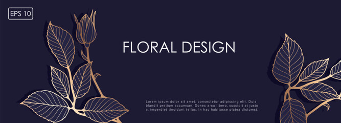 Luxurious floral dark blue design with golden outline of rose flower with leaves. Floral card, poster, banner, cover design.
