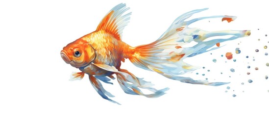 Illustration of a cute watercolor puffer goldfish with big eyes in bright colors on a white background