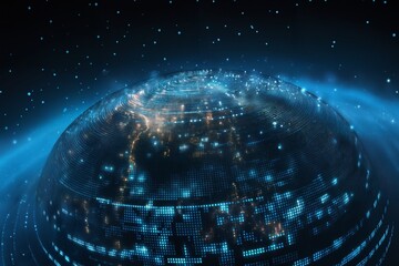 surface of earth planet with futuristic computer technology and mega city, digital connections with hologram and glow against background of space, concept of globalization and urbanization