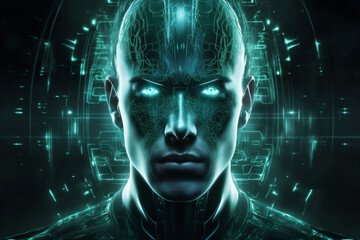 portrait of a man with a holographic texture on his head, dark background with glow, cyber art, digital future concept