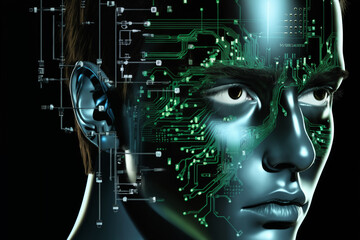 portrait of a woman with holography pattern on her face and lights on a dark background, cybernetics, science fiction concept and cyber art - 750570628