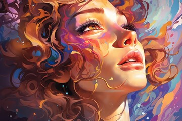 A girl's face surrounded by abstract painted shapes and colorful smoke on color background