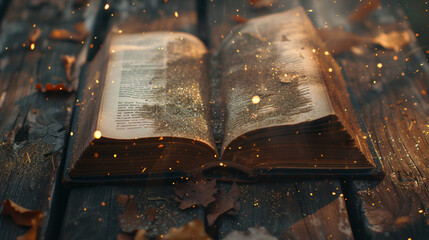 Magical image of open antique book over wooden table