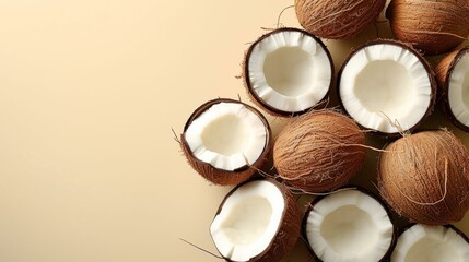 Obraz na płótnie Canvas Coconuts on beige background, top view. Exotic fruit