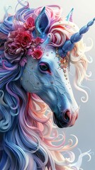 Fototapeta na wymiar A very beautiful unicorn with a long curly pink, purple and blue mane on a white background