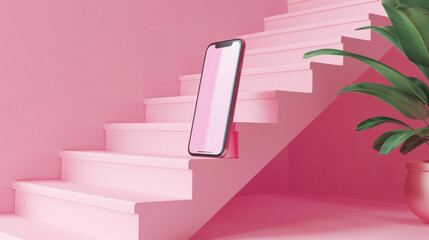 Mobile phone and stairs with pink background 3d ren