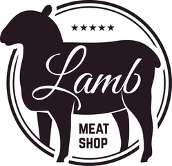 Butcher emblem. Sheep black silhouette. Lamb restaurant logo. Meat shop label. Farm food menu fresh product premium quality logotype. Badge design. Kitchen print. Vector isolated illustration
