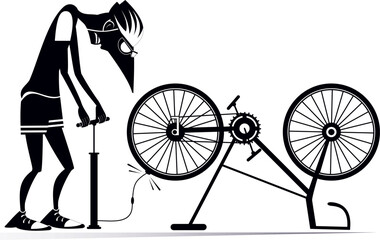 Cyclist and a broken bicycle. Cyclist inflates the wheel. Sportsperson repairs the bicycle. The cyclist inflates the wheel on the bicycle. Black and white illustration