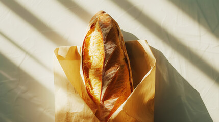 Top view of crispy baguette in paper bag against white background with aesthetic shadows. Bakery concept. Generative AI
