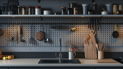 Modern kitchen with pegboard sink and utensils