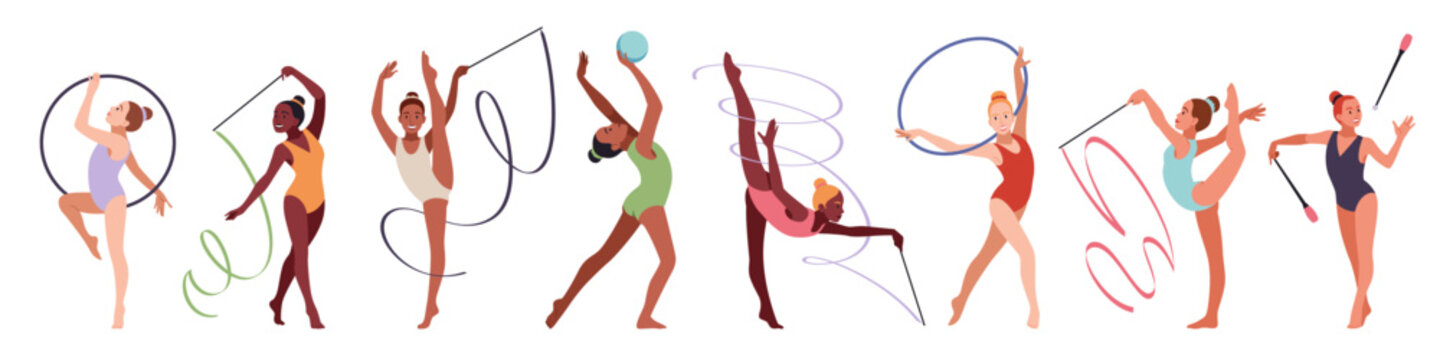 Artistic rhythmic gymnasts. Acrobatic girls with ribbons, balls and hoops, flexibility and lightness, professional athletes. Sports performance cartoon flat style isolated tidy vector set