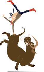 Farmer or cowboy and angry bull. Rodeo. 
Cartoon farmer or cowboy falls down from the bull. Isolated on white background
