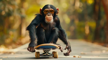 Abwaschbare Fototapete Monkey on a skateboard with sunglasses. Chimpanzee © Cybonad