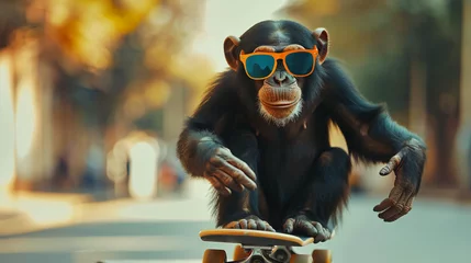 Fotobehang Monkey on a skateboard with sunglasses. Chimpanzee © Cybonad
