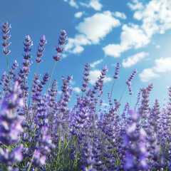 Obraz premium Close-up of lavender flowers against a blue sky. Aromatherapy and organic cosmetics concept. Generative AI