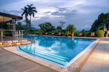 Obraz premium Swimming pool at a tropical resort with mountain view at twilight