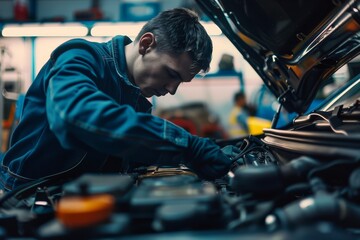 Professional mechanic diligently working on a car engine in a garage.