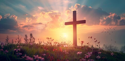 Cross Silhouette with Birds at Sunset in Meadow
