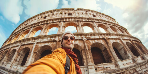 Fototapeta na wymiar Handsome young male tourist visiting Colosseum in Rome, Italy - Happy tourist taking selfie with smartphone in front of italian landmark.