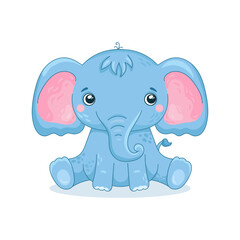 Baby elephant is sitting. Cute animal on a white background. Vector illustration in a cartoon style.