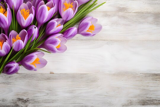 Crocus flowers on a wooden background.
