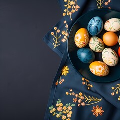 Easter eggs and a napkin on a dark blue background. Easter banner.