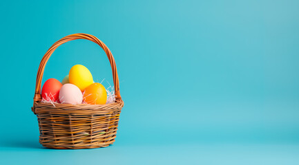A basket sits brimming with vibrant Easter eggs in various colors against a solid blue backdrop.