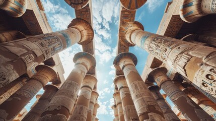 Low angle of old carved ornamental columns and ceiling inside of great hypostyle hall of ancient karnak temple complex in egypt  - obrazy, fototapety, plakaty