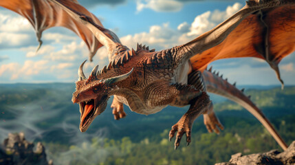 Realistic image of huge dragon with open wings flying