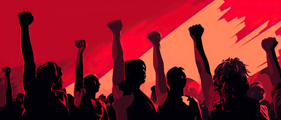 Crowd of people making a powerful gesture with raised fists - obrazy, fototapety, plakaty
