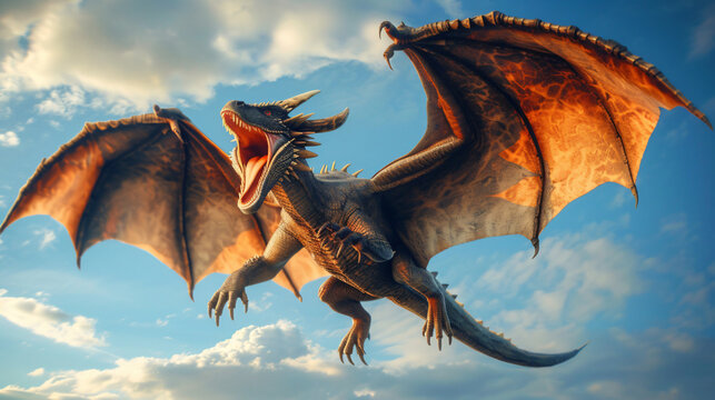 Realistic image of huge dragon with open wings flying