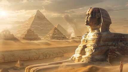 Sphinx and pyramids in the egyptian desert - obrazy, fototapety, plakaty