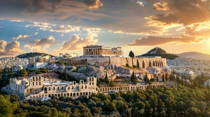 Fotobehang The Acropolis of Athens, Greece, with the Parthenon Temple on top of the hill during a summer sunset © Emil