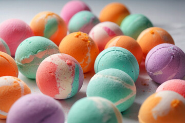 Beautiful bright image, multi-colored striped pastel bath bombs lie on a white surface. Self care, spa, handmade.
