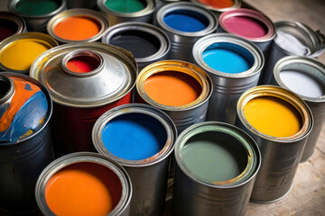 A bright rainbow image for advertising, tin cans with multi-colored paint standing on a white background. Pastel shades, rainbow colors, repair tools. - Powered by Adobe