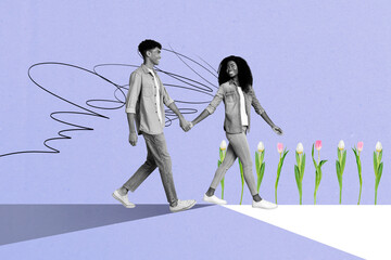 Collage artwork of happy beautiful couple hold hands walk together enjoy spring warm weather...