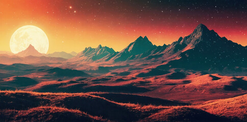 Abstract background in the style of the 70s-80s. Landscape in retro colors, neon lines. Mountains and a huge moon and sun. - obrazy, fototapety, plakaty