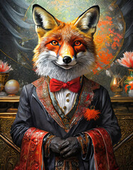 Anthropomorphic fox in a victorian style suit posing front of an elegant painting