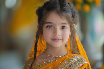 Pure child beauty. Small Indian beautiful girl in national dress. Happy childhood. Natural child beauty concept. Selective focus. Copy space