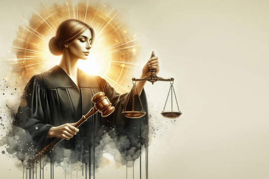 Young woman judge with scales of justice on color background with copy space for text. Law concept.