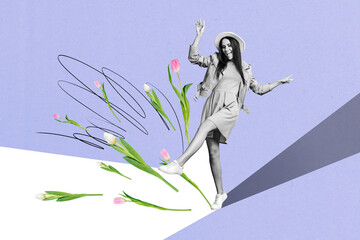 Collage image sketch of lovely cheerful positive woman enjoying beautiful warm spring season isolated on drawing background