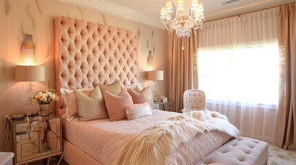 Soft peach and gold bedroom, cascading chandelier, soft peach tones, subtle golden accents